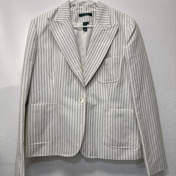 Lauren Ralph Lauren Blazer Women 14 White/Black Vertical Stripe 1-Button - Picture 3 of 7